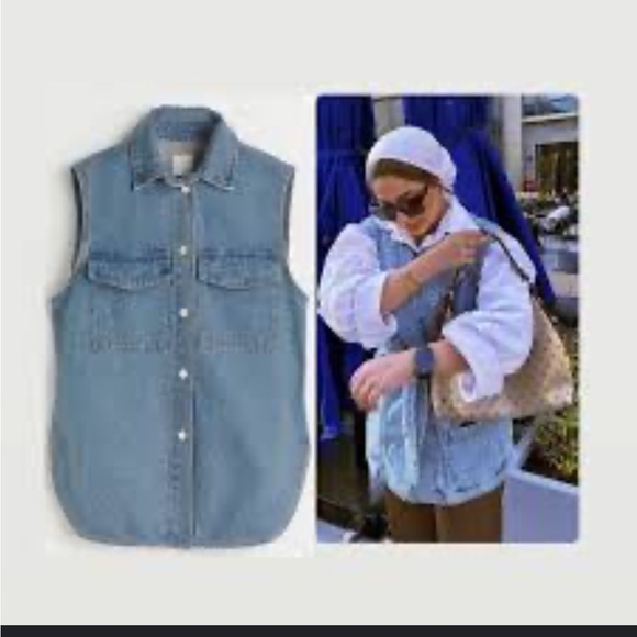 H&M Trendy Relaxed Fit XS/S Denim Medium Wash Button Down Flap Pocket Vest - Picture 2 of 4